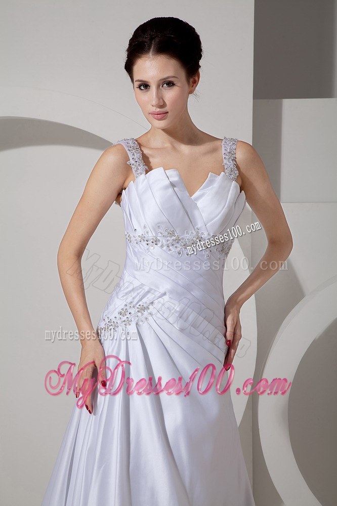 Best Straps Court Train Appliques and Ruched Wedding Dress