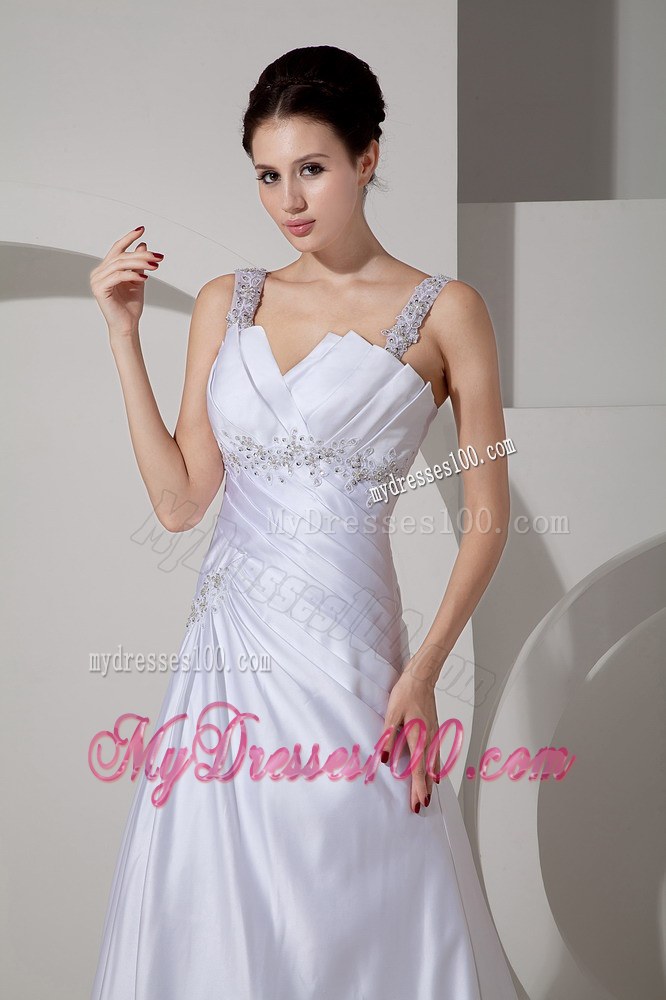 Best Straps Court Train Appliques and Ruched Wedding Dress