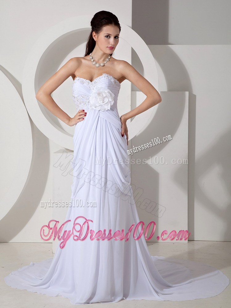 Sweetheart Court Train Flowers Appliques and Ruched Wedding Dresses