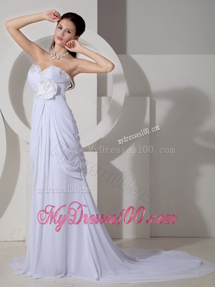 Sweetheart Court Train Flowers Appliques and Ruched Wedding Dresses