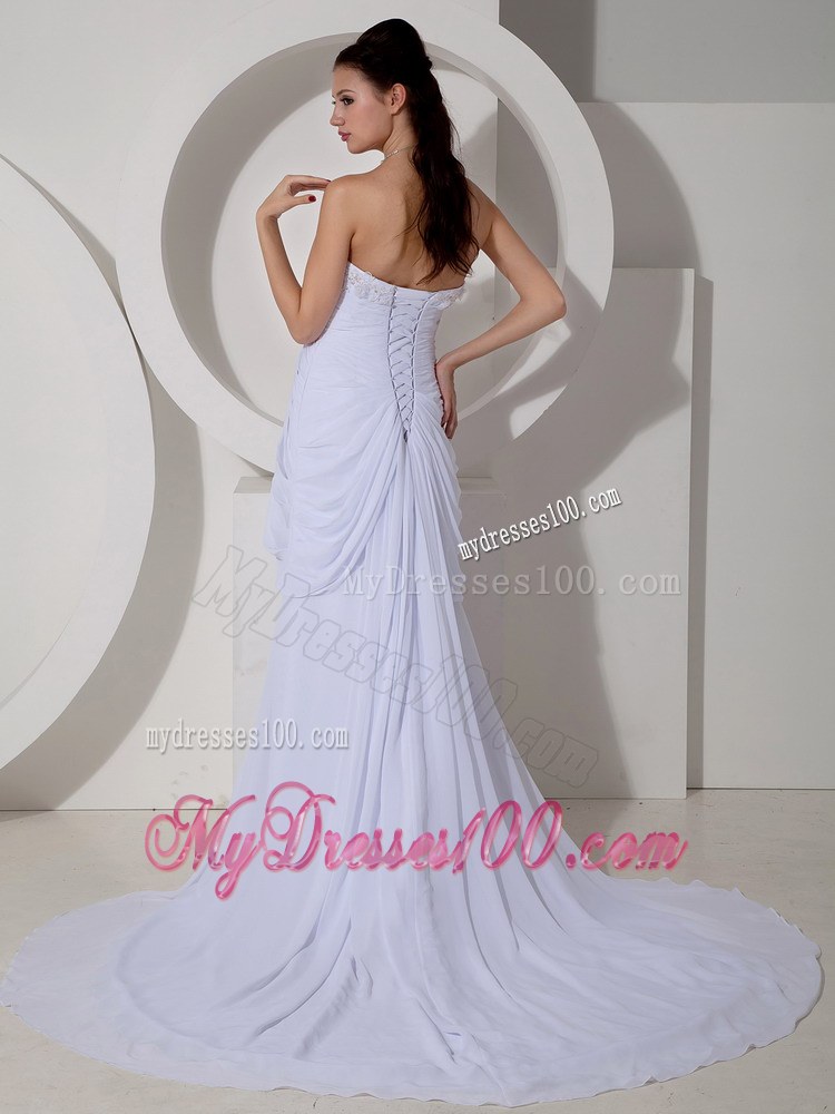 Sweetheart Court Train Flowers Appliques and Ruched Wedding Dresses