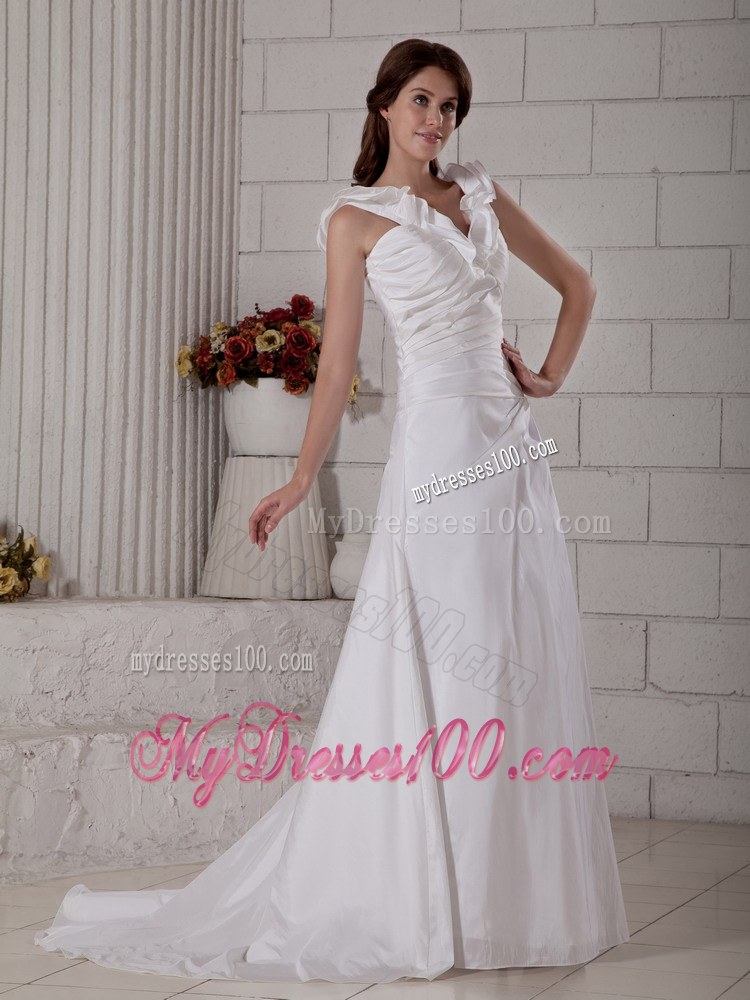 New V-neck Brush Train Ruched Wedding Dress for Garden