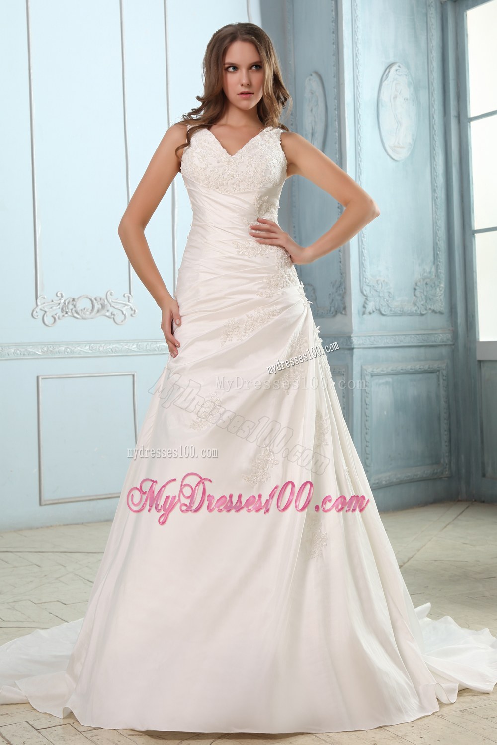 Brand New V-neck Court Train Ruches and Appliques Wedding Dress