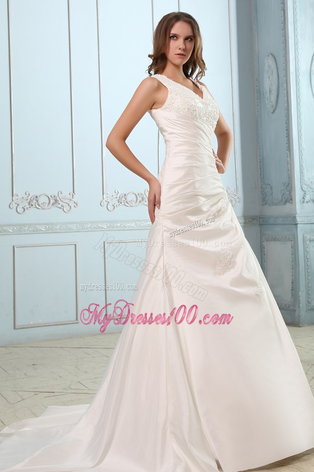 Brand New V-neck Court Train Ruches and Appliques Wedding Dress