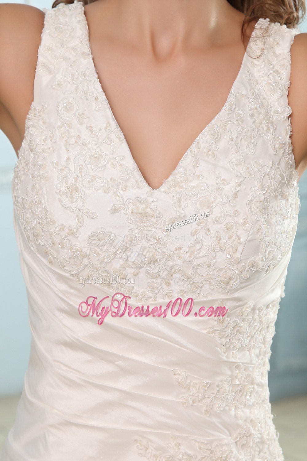 Brand New V-neck Court Train Ruches and Appliques Wedding Dress