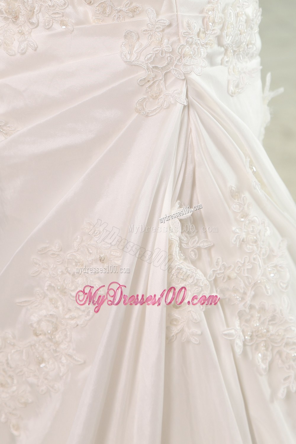 Brand New V-neck Court Train Ruches and Appliques Wedding Dress