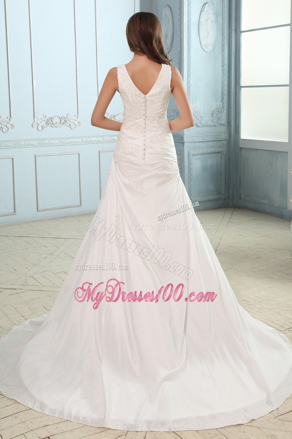 Brand New V-neck Court Train Ruches and Appliques Wedding Dress