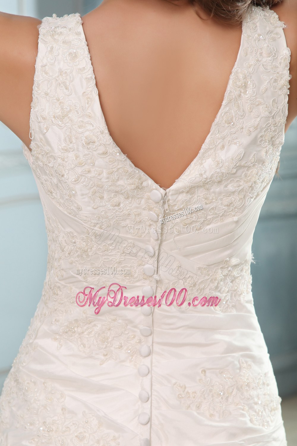 Brand New V-neck Court Train Ruches and Appliques Wedding Dress