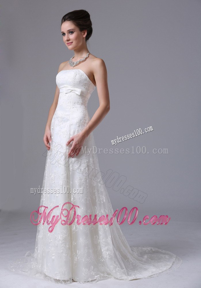 Bowknot Column Strapless Brush Train Exquisite Lace Wedding Dresses