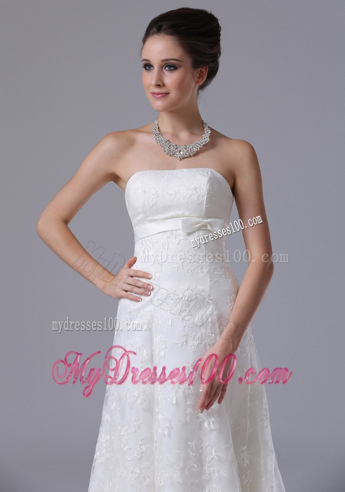 Bowknot Column Strapless Brush Train Exquisite Lace Wedding Dresses