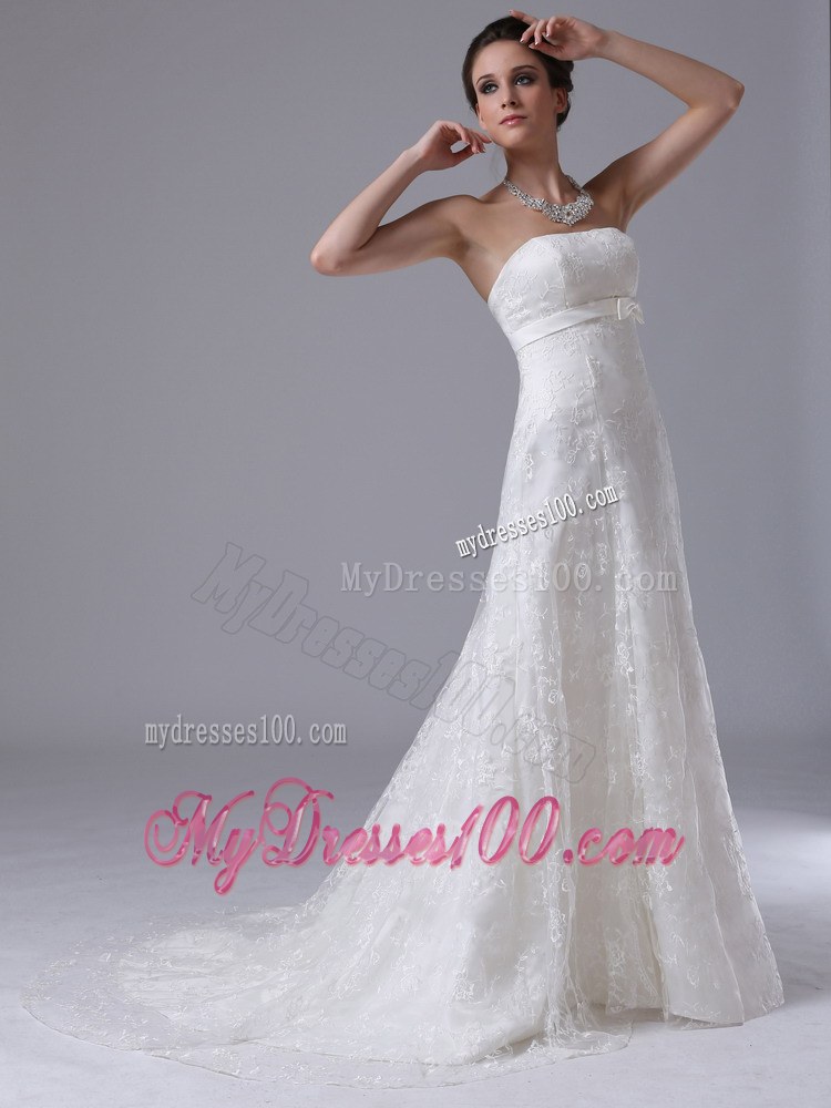 Bowknot Column Strapless Brush Train Exquisite Lace Wedding Dresses