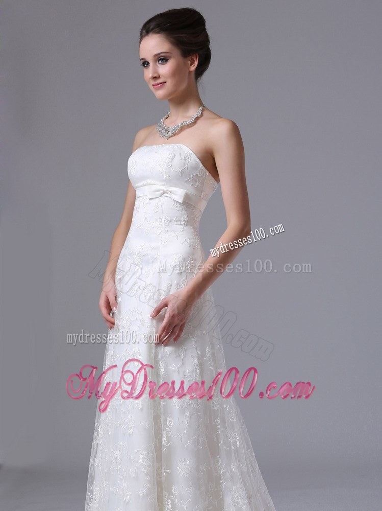 Bowknot Column Strapless Brush Train Exquisite Lace Wedding Dresses