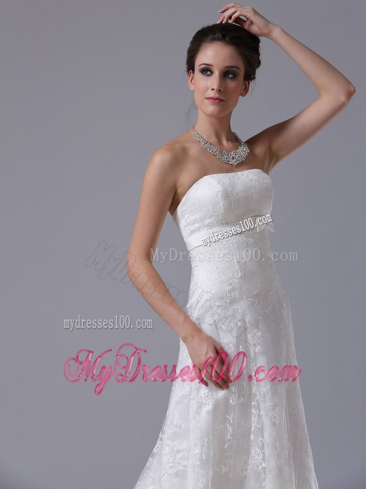 Bowknot Column Strapless Brush Train Exquisite Lace Wedding Dresses