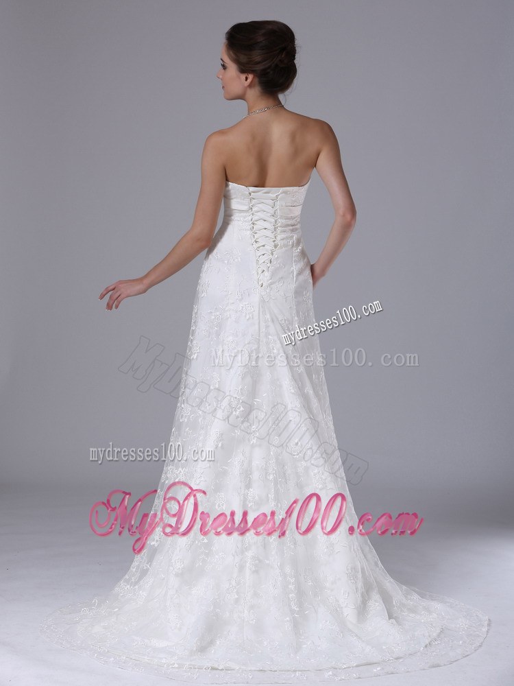 Bowknot Column Strapless Brush Train Exquisite Lace Wedding Dresses