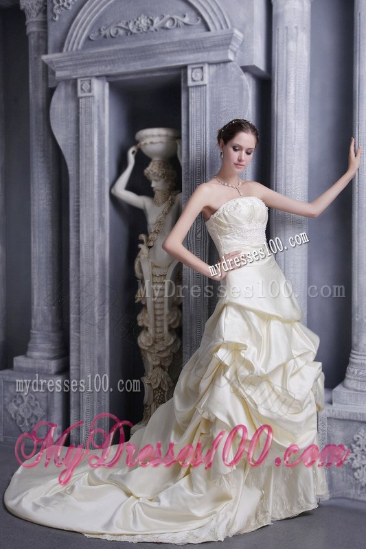 Champagne Court Train Appliques Wedding Dress with Pick-ups