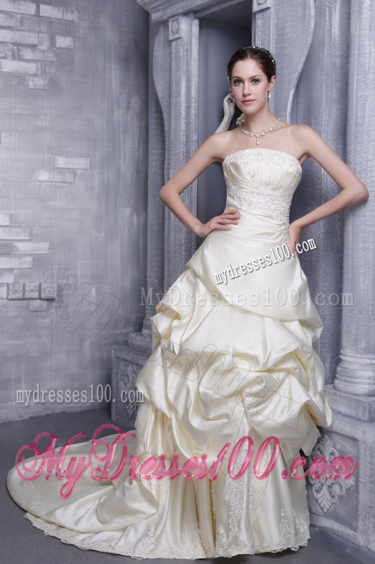 Champagne Court Train Appliques Wedding Dress with Pick-ups