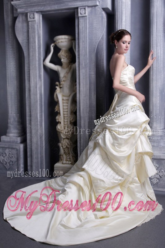 Champagne Court Train Appliques Wedding Dress with Pick-ups