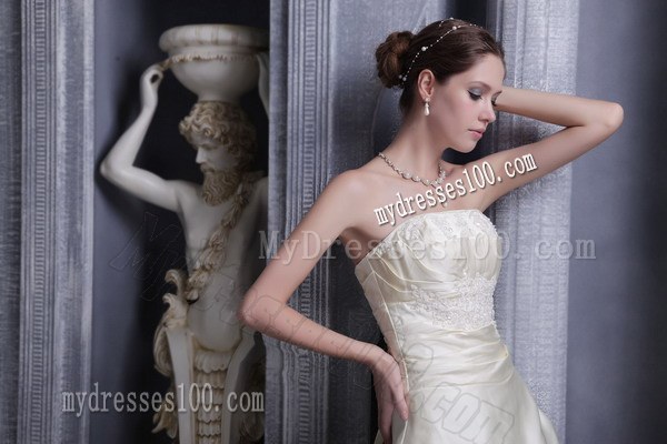 Champagne Court Train Appliques Wedding Dress with Pick-ups