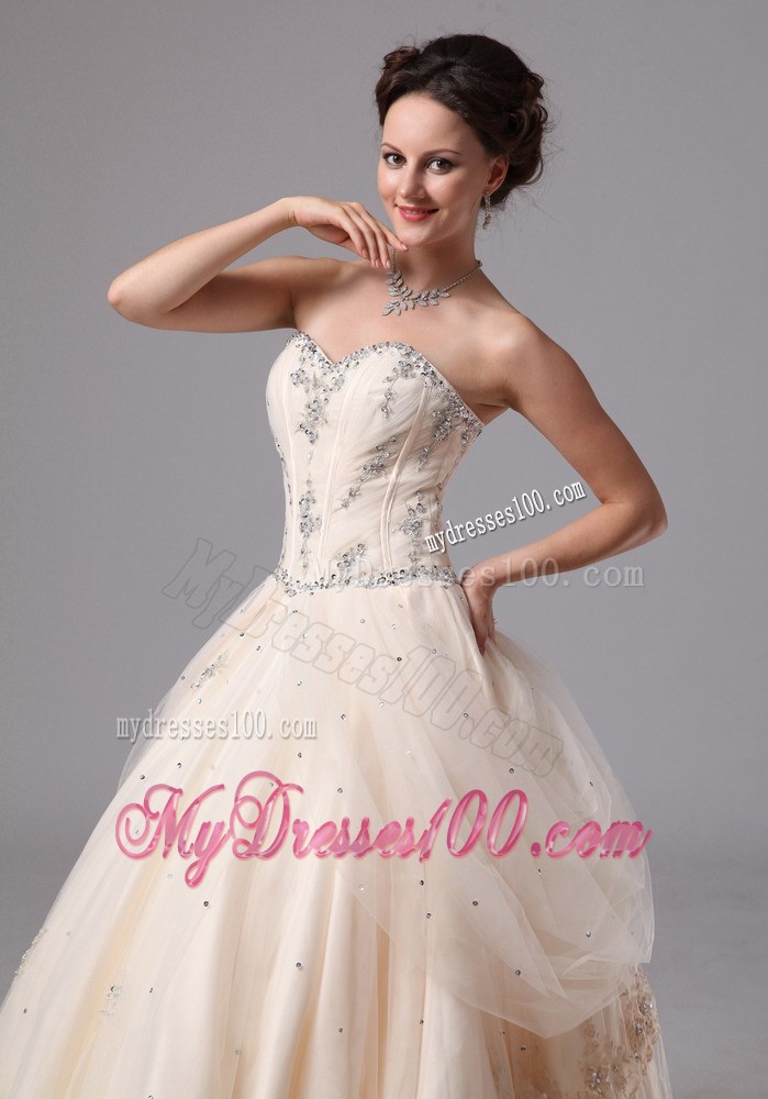 Beautiful Champagne Sweetheart Lace Wedding Dress with Appliques
