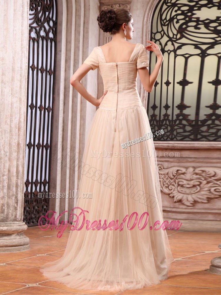 Appliques Square Champagne Wedding Dress with Short Sleeves