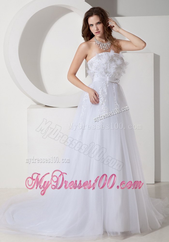Cheap Princess Strapless Court Train Wedding Dresses with Embroidery