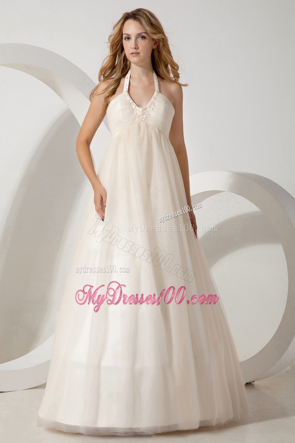 Cheap A-line Halter Brush Train Tulle Beading Wedding Dress