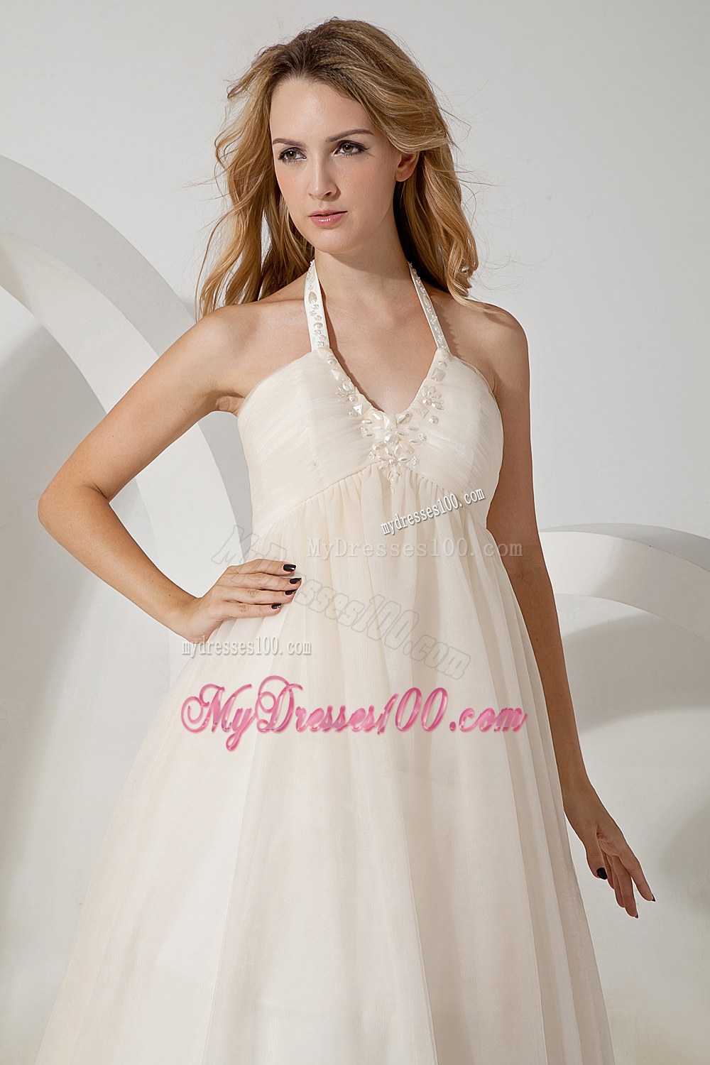 Cheap A-line Halter Brush Train Tulle Beading Wedding Dress