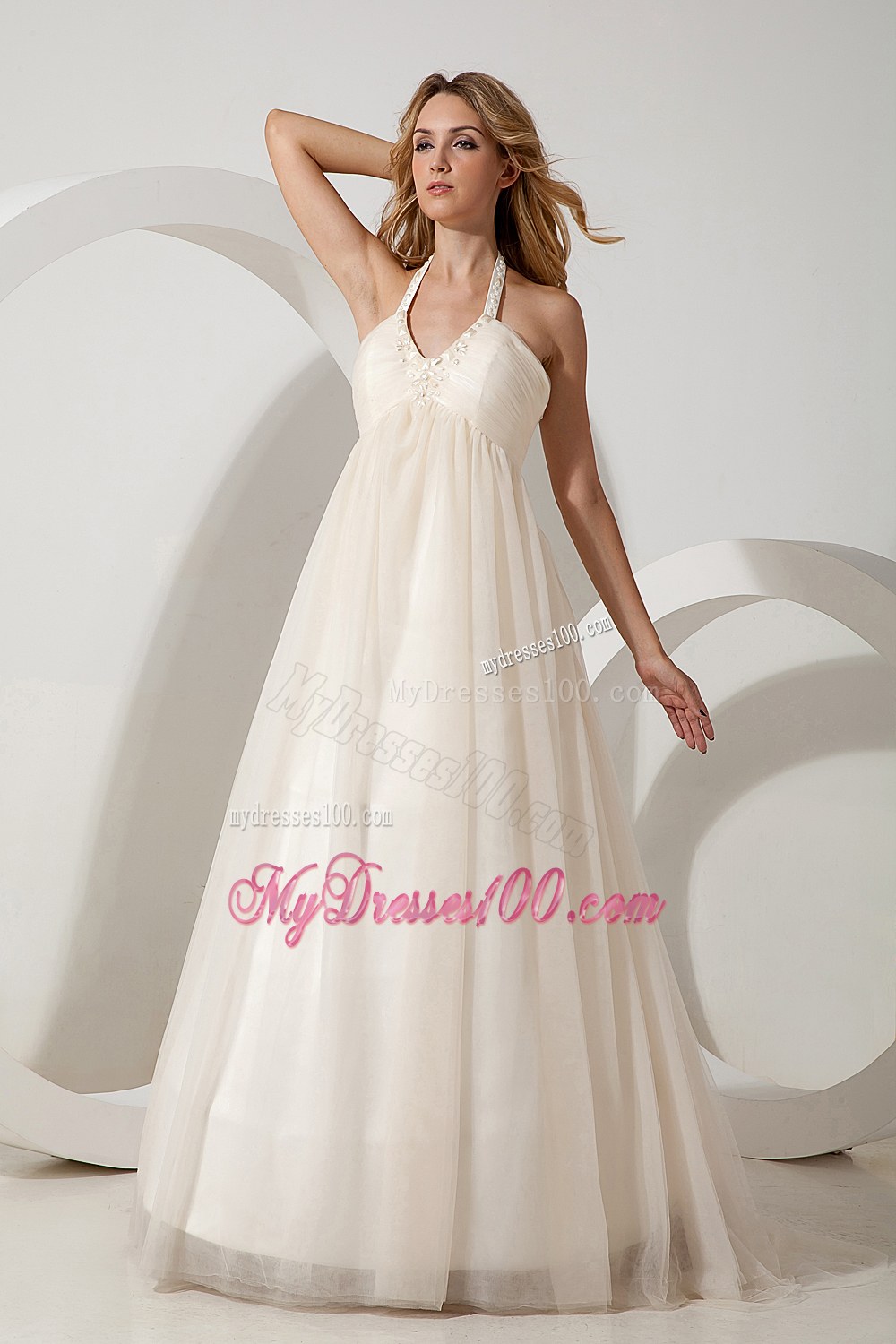 Cheap A-line Halter Brush Train Tulle Beading Wedding Dress