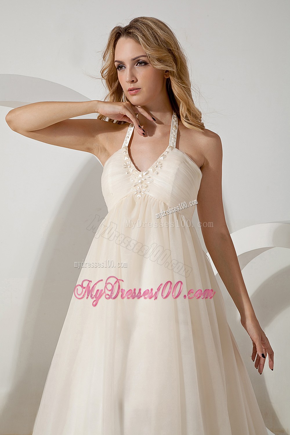Cheap A-line Halter Brush Train Tulle Beading Wedding Dress