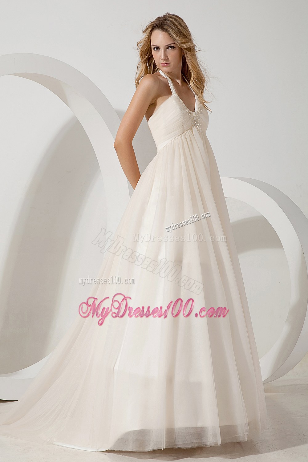 Cheap A-line Halter Brush Train Tulle Beading Wedding Dress