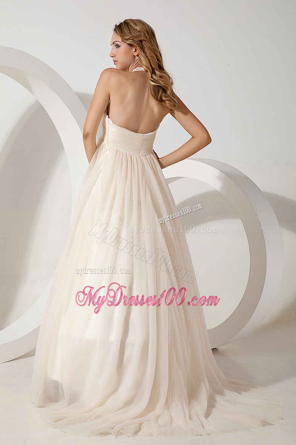 Cheap A-line Halter Brush Train Tulle Beading Wedding Dress