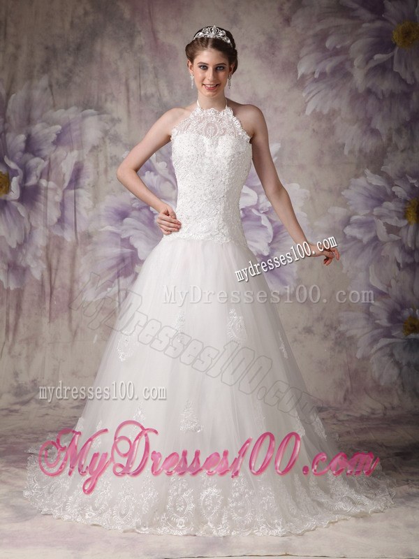 Chic Princess Halter Court Train Lace Beaded Wedding Gowns for 2013