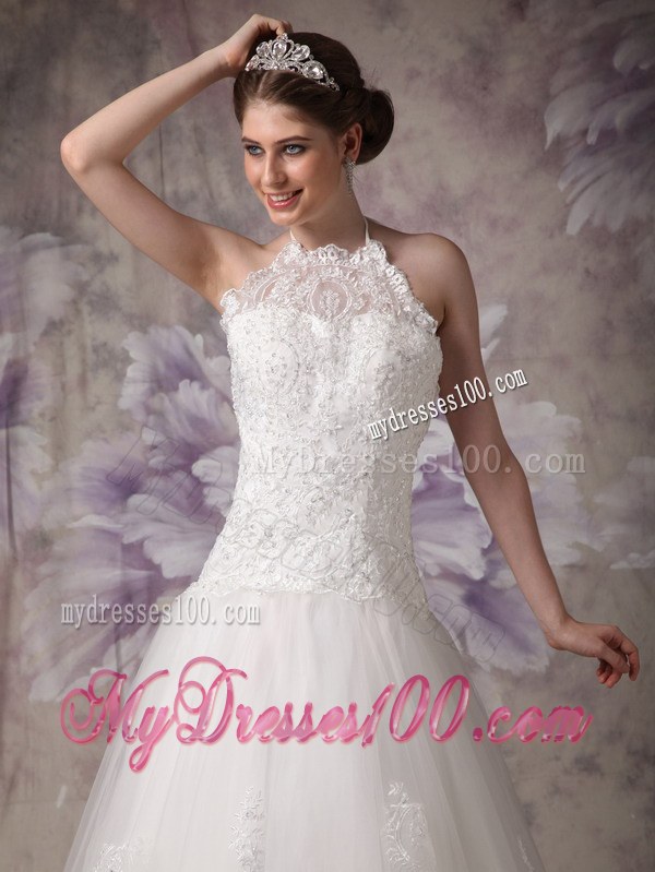 Chic Princess Halter Court Train Lace Beaded Wedding Gowns for 2013