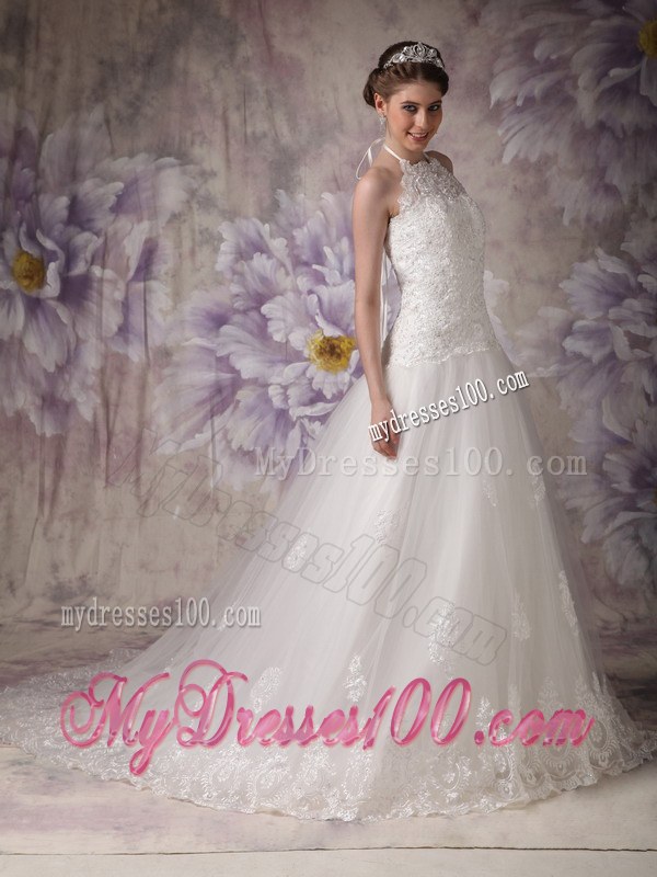 Chic Princess Halter Court Train Lace Beaded Wedding Gowns for 2013