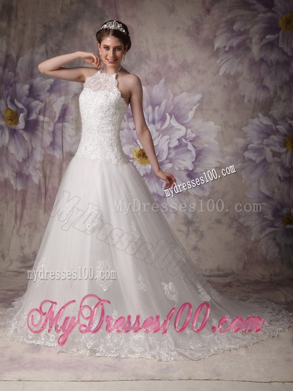 Chic Princess Halter Court Train Lace Beaded Wedding Gowns for 2013