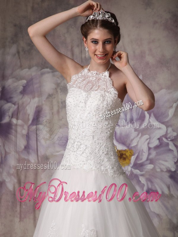 Chic Princess Halter Court Train Lace Beaded Wedding Gowns for 2013