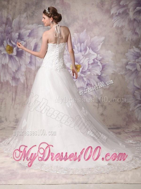 Chic Princess Halter Court Train Lace Beaded Wedding Gowns for 2013
