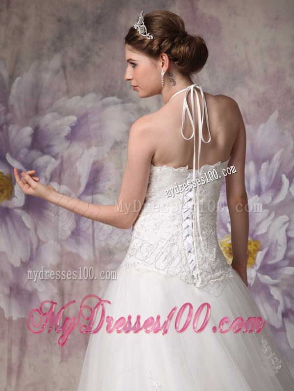Chic Princess Halter Court Train Lace Beaded Wedding Gowns for 2013