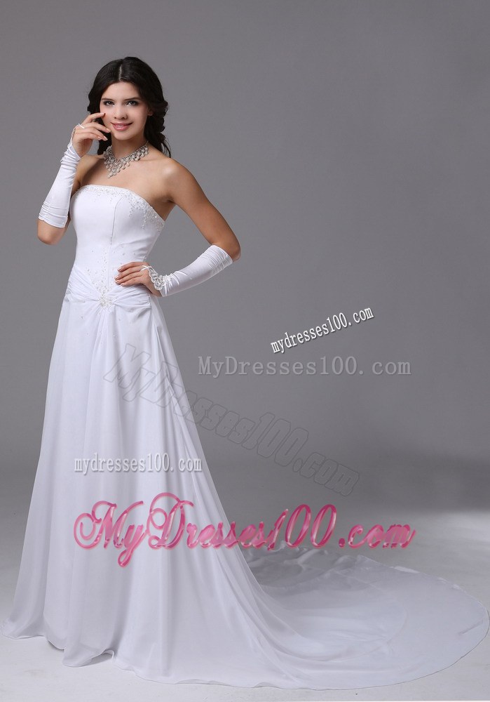 Popular Empire Strapless Cheap Wedding Dress with Chapel Train