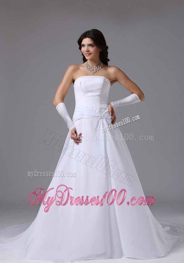 Popular Empire Strapless Cheap Wedding Dress with Chapel Train