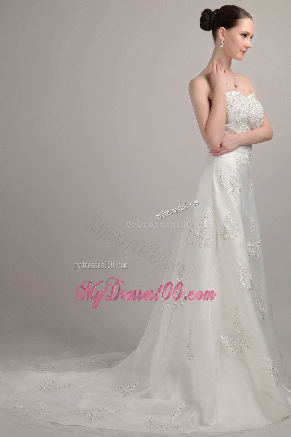 Classical Strapless Court Train Lace Beaded Wedding Gowns