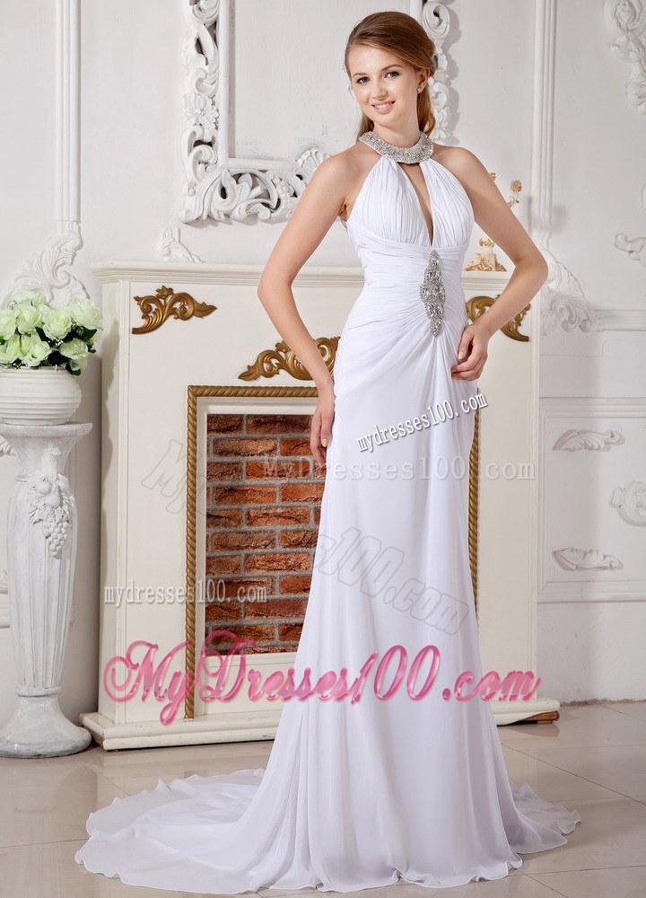 Classical Empire High-neck Court Train Beaded Pretty Wedding Dresses