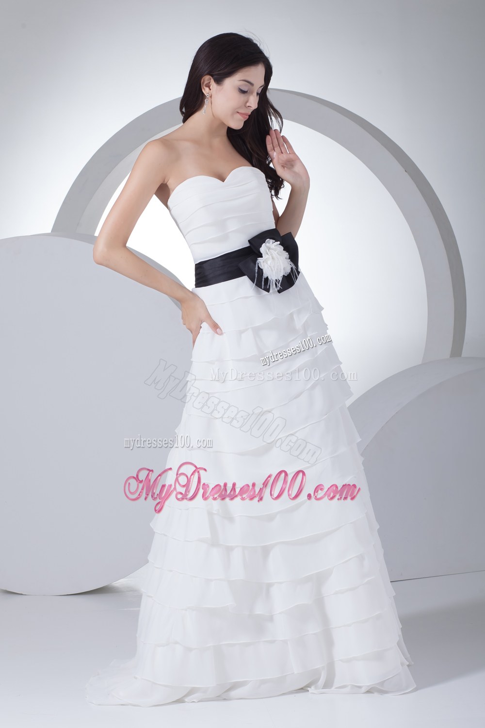 Column Sweetheart Sash Ruffles Layers Wedding Dress
