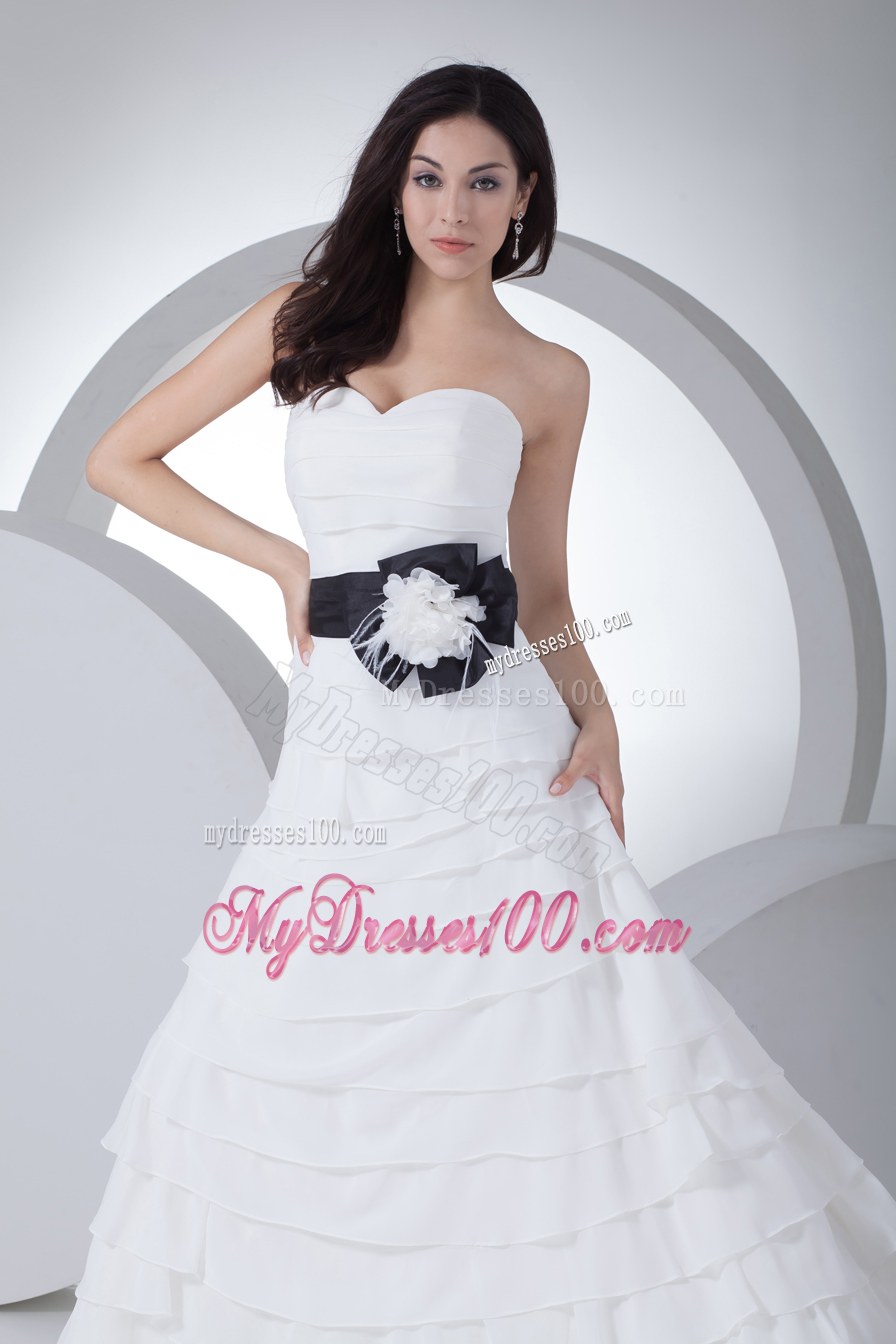 Column Sweetheart Sash Ruffles Layers Wedding Dress
