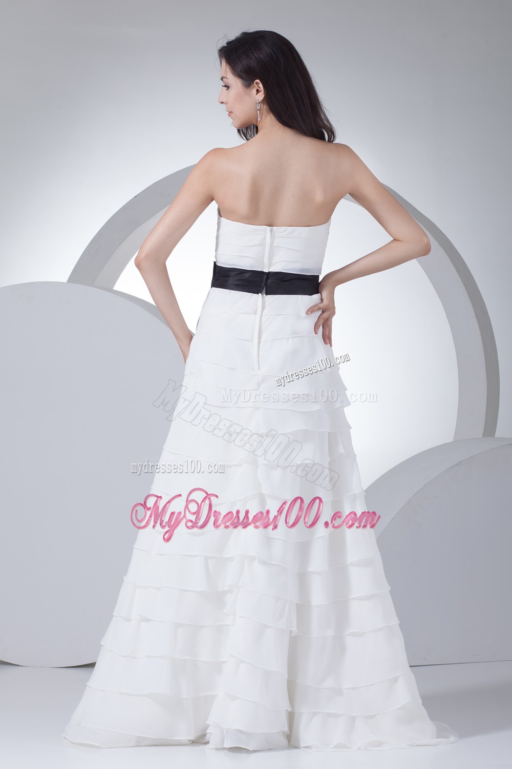 Column Sweetheart Sash Ruffles Layers Wedding Dress