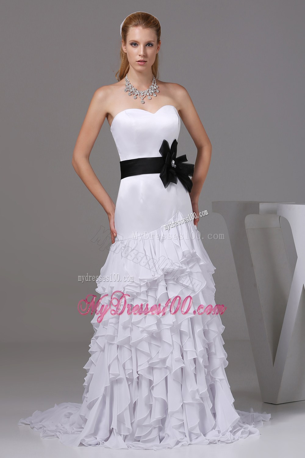 Sweetheart Black Sash Ruffles Wedding Dresses with Brush Train