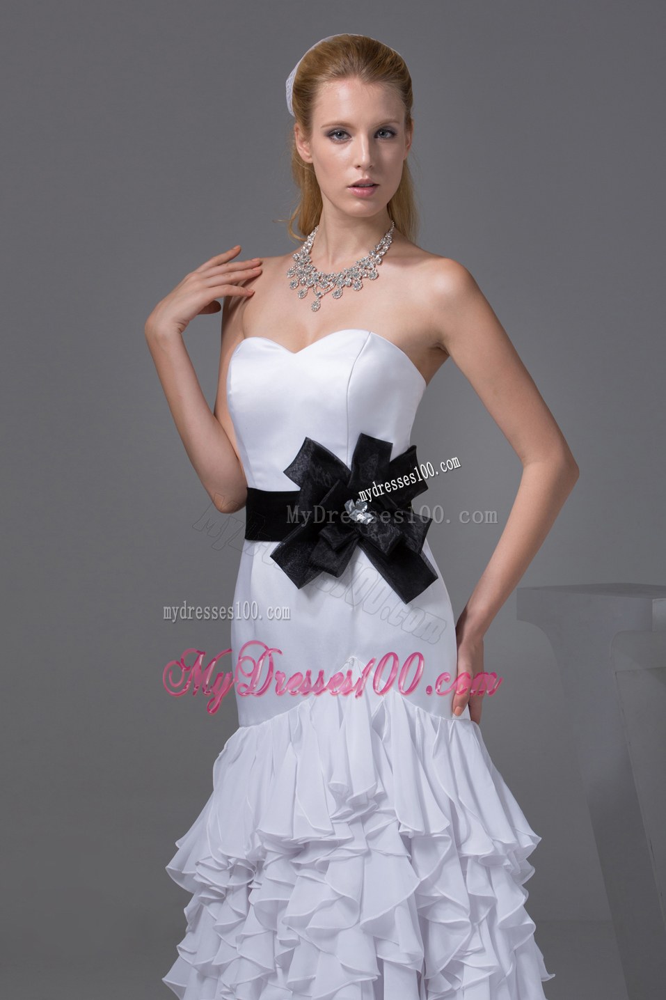 Sweetheart Black Sash Ruffles Wedding Dresses with Brush Train