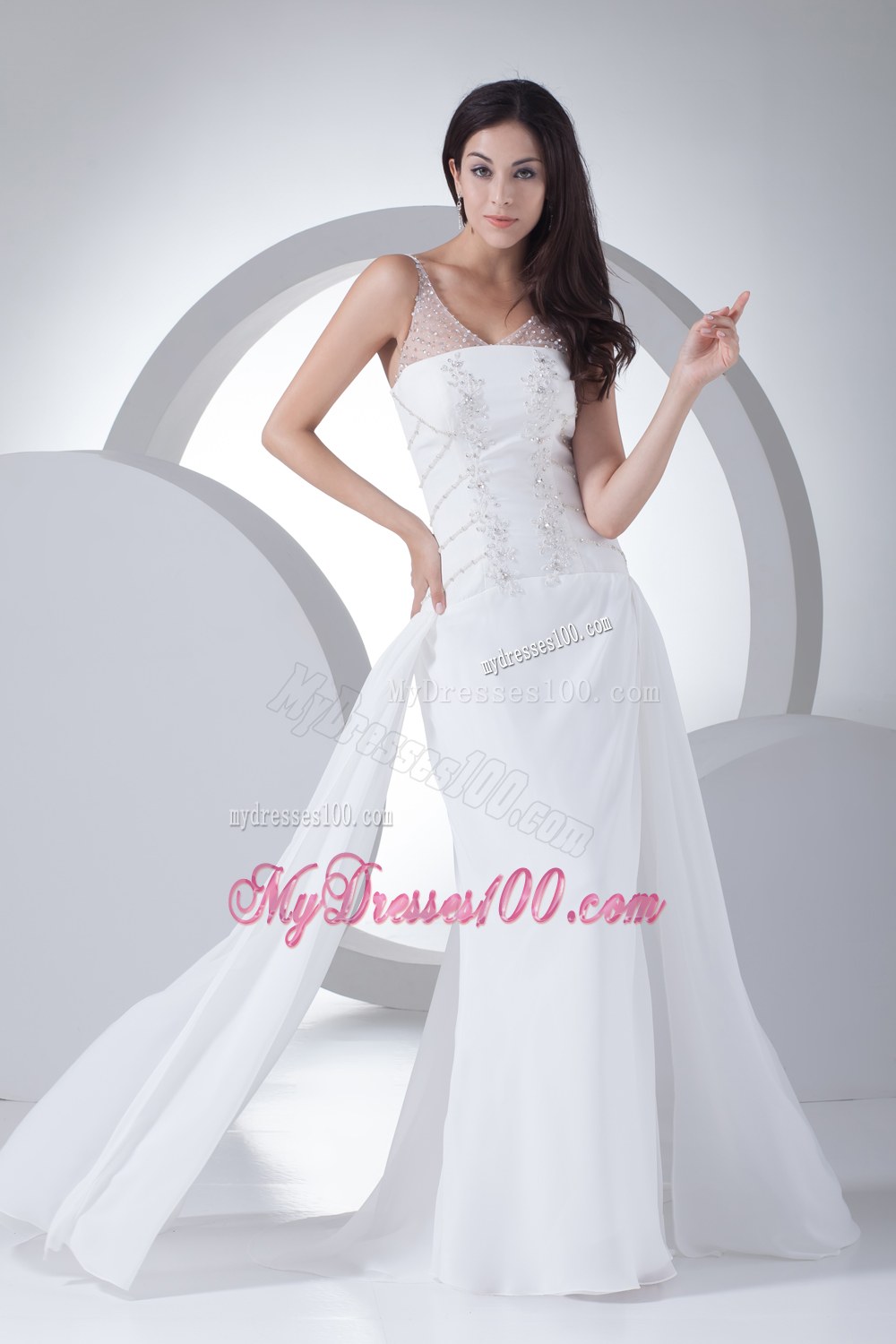 Pretty Column V-neck Wedding Dress with Appliques and Beading