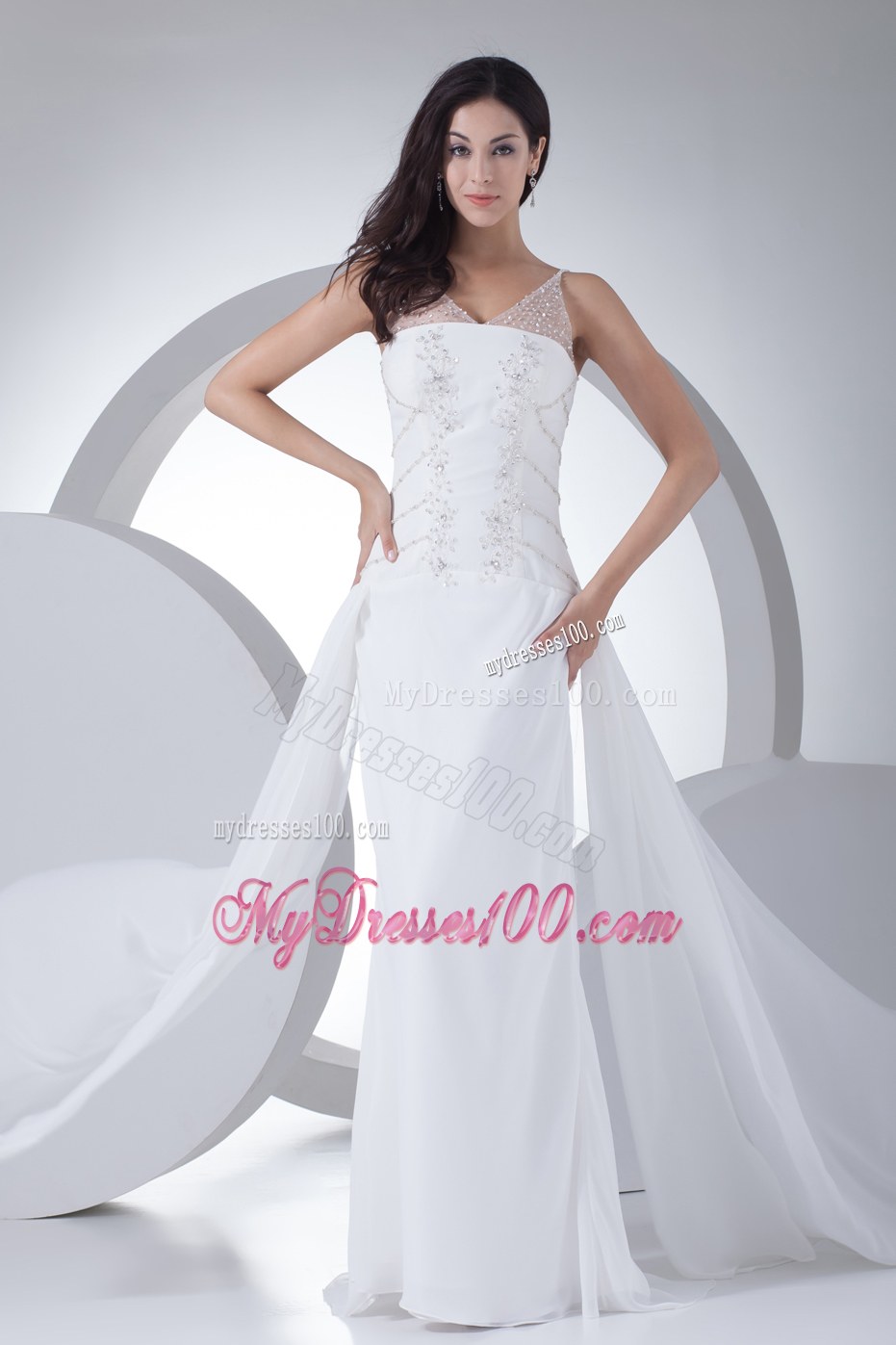 Pretty Column V-neck Wedding Dress with Appliques and Beading