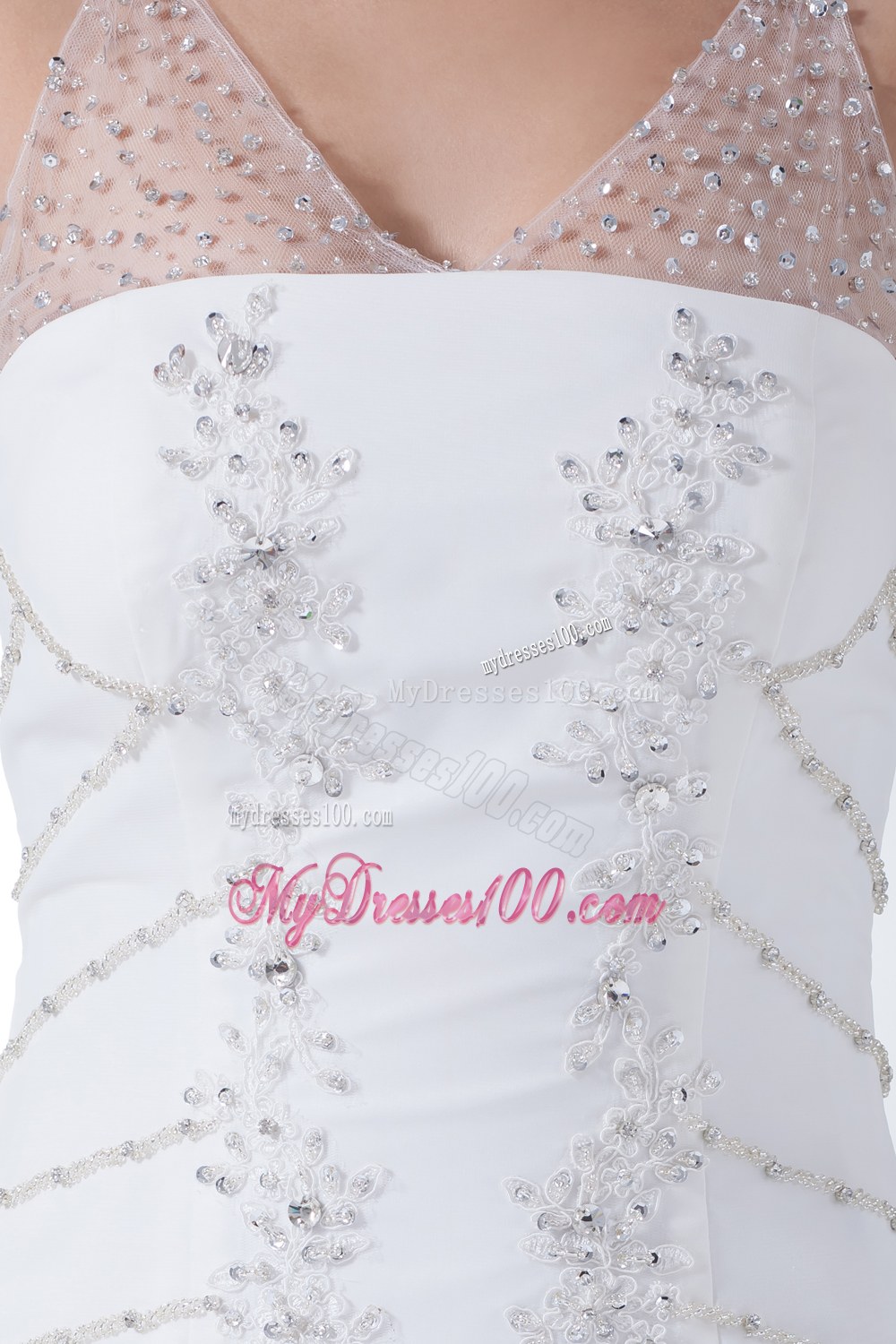 Pretty Column V-neck Wedding Dress with Appliques and Beading